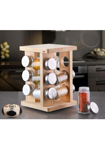 Ahşap Standlı 12'li Döner Baharat Seti, Şık ve Kullanışlı Mutfak Aksesuarı