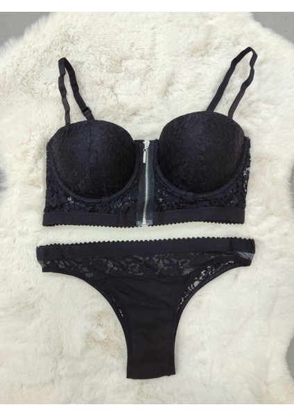 Ekonomik Önden Açılan Fermuarlı Dantel Detaylı Soft Dolgulu Sütyen - Iç Çamaşır Takımı