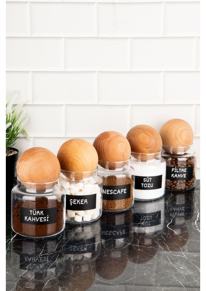 5'li Ahşap Kapaklı Cam Saklama Kabı Seti, 500 Ml, Bej