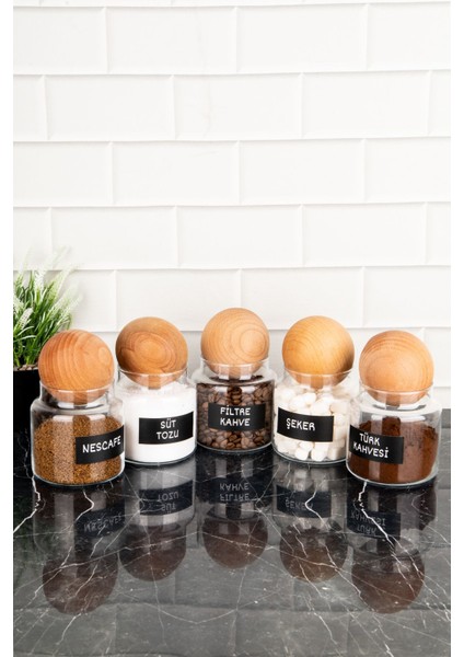 5'li Ahşap Kapaklı Cam Saklama Kabı Seti, 500 Ml, Bej modelleri