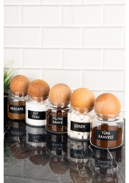 5'li Ahşap Kapaklı Cam Saklama Kabı Seti, 500 Ml, Bej fırsatları