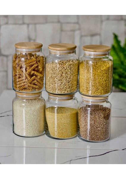6'lı 1000 ml Bambu Kapaklı Cam Kavanoz Seti, Bakliyat Saklama Için Şık ve Pratik