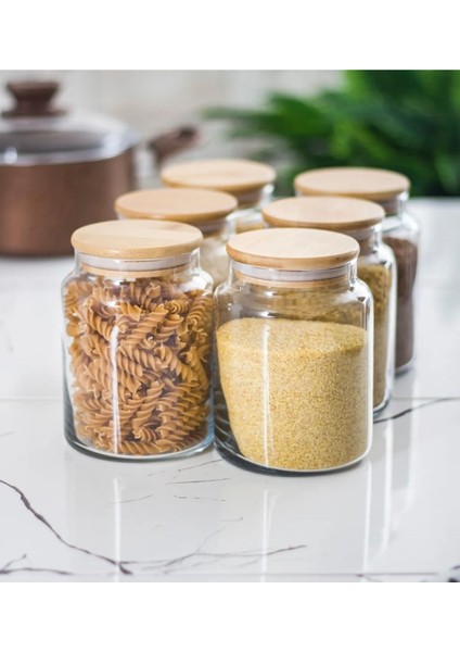 6'lı 1000 ml Bambu Kapaklı Cam Kavanoz Seti, Bakliyat Saklama Için Şık ve Pratik modelleri