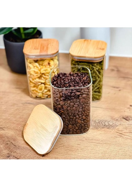 Bambu Kapaklı Borosilikat Cam Saklama Seti 3'lü Orta Boy 11X8X8 750 ml