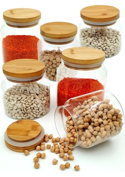 6'lı Vakuumlu Ahşap Kapaklı 600 ml Cam Kavanozlar Bej Renkli Set