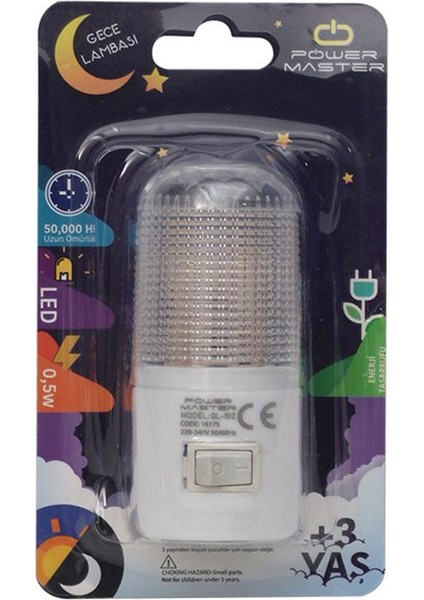 Beyaz LED Gece Lambası, Anahtarlı, 0.5W, Şık ve Enerji Tasarruflu Işık