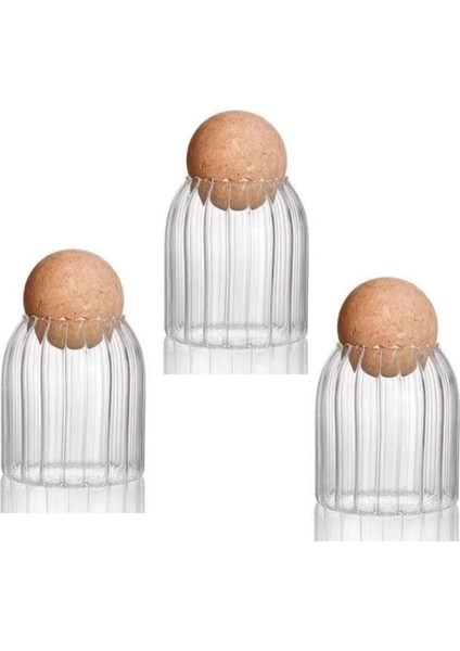 3'lü Çizgili Cam Kavanoz, Mantar Kapak, 500 Ml, Turuncu Renkli Set