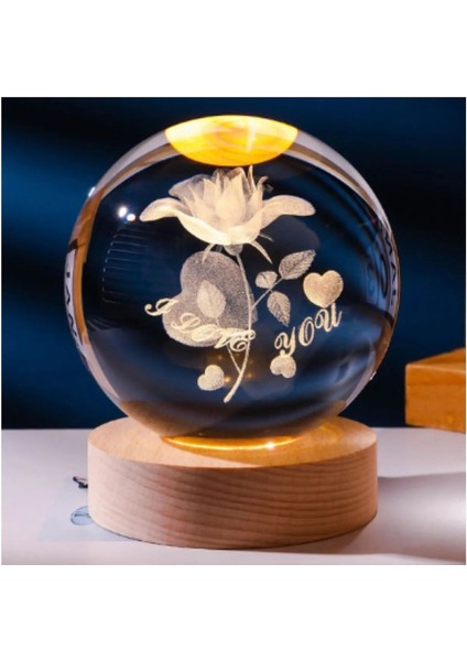 Renkli Gül Tasarımlı Ahşap Standlı Kristal Işıklı Cam Küre
