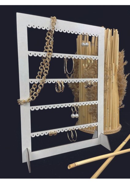 Beyaz Mdf Dikdörtgen Dekoratif Takı Ve Küpe Standı, Lazer Kesim Tasarım