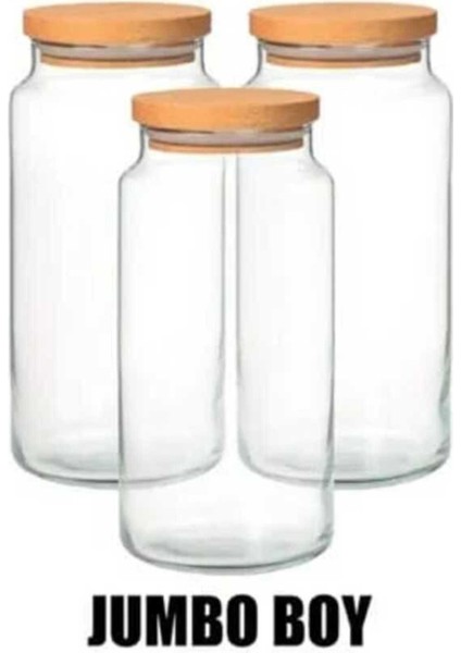 3'lü Jumbo Boy Bambu Kapaklı Cam Kavanoz 1300 cc Beyaz Set