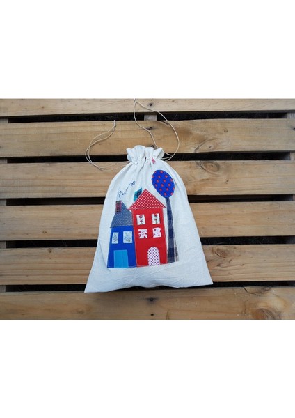Kırmızı ve Mavi Renklerde 32X40 cm Ev Temalı Bez Torba, Şık ve Kullanışlı Tasarım
