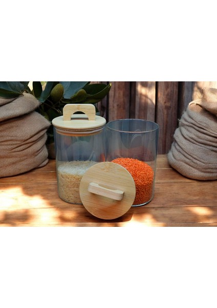 Şık 2'li Set Cam Saklama Kabı, Bambu Tutma, 1000 Ml, Beyaz Renk