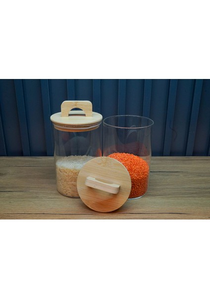 Şık 2'li Set Cam Saklama Kabı, Bambu Tutma, 1000 Ml, Beyaz Renk