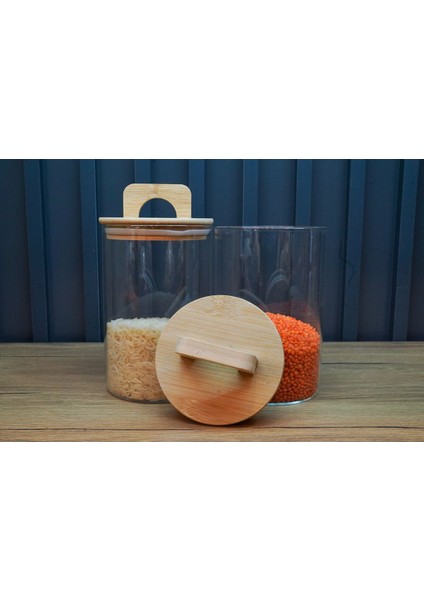 Şık 2'li Set Cam Saklama Kabı, Bambu Tutma, 1000 Ml, Beyaz Renk