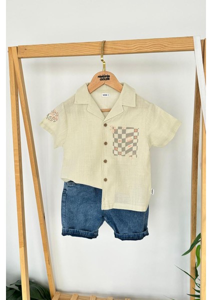 Keten Palmiye Baskılı Kısa Kollu Erkek Çocuk Gömlekli Kot Şortlu takım - açık Yeşil