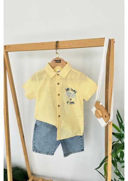 Of Game Cep Baskılı Kot Şortlu Erkek çocuk takım - Sarı