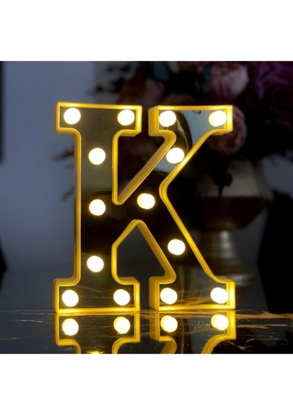 3D Işıklı LED K Harfi, Dekoratif ve Büyük Boy Aydınlatma, Sarı Renk