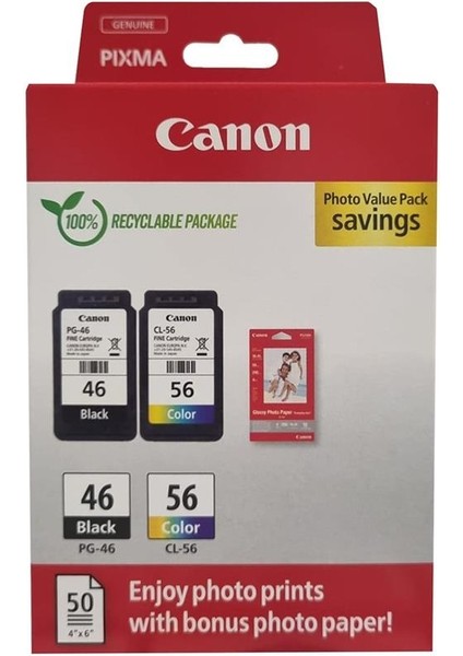 Pixma E204,E304,E3140,E3340 Uyumlu Pg-46/cl-56 Orijinal Kartuş Seti (50 Fotoğraf Kağıtlı)