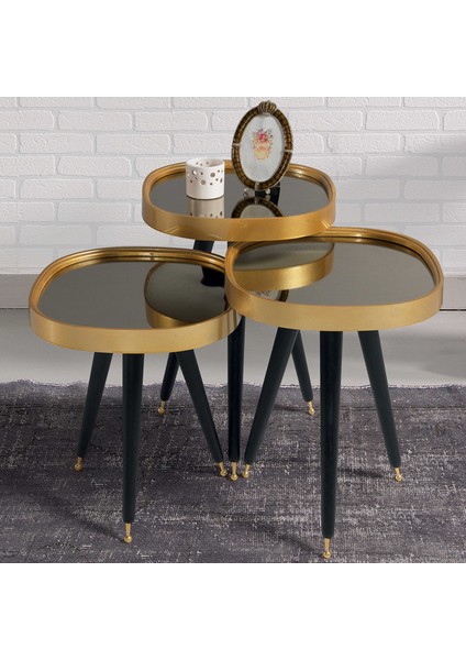 3'Lü Siyah Aynalı Yuvarlak Zigon Sehpa Gold Çerçeveli Ahşap Lüx Ayaklı D1