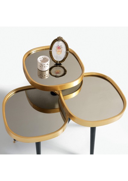 3'Lü Siyah Aynalı Yuvarlak Zigon Sehpa Gold Çerçeveli Ahşap Lüx Ayaklı D1 fiyatları