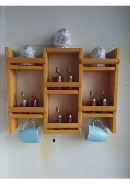 Ahşap Çam Ağacı Baharatlık ve Bardaklık Mutfak Rafı, Şık ve Doğal Tasarım