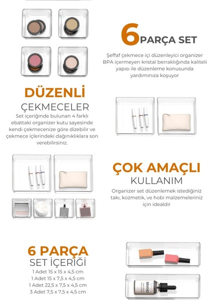 Ayarlanabilir Çekmece İçi Düzenleyici Seti 6 Parça Takı Ve Makyaj Organizeri modelleri