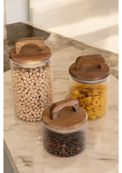 3'lü Akasya Kulplu Cam Kavanoz Seti, Kahverengi, Şık ve Kullanışlı Saklama Seti
