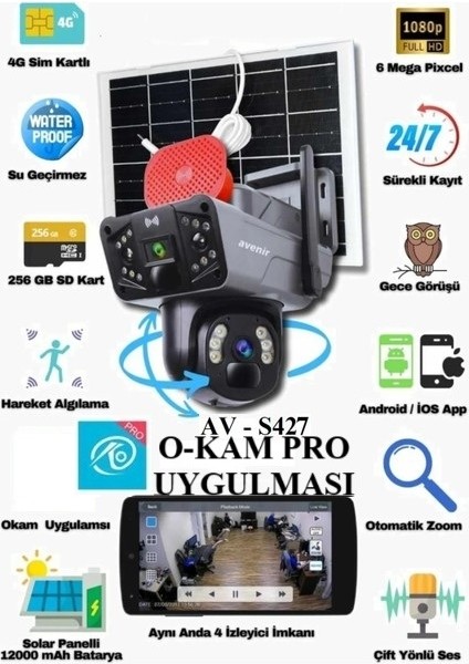 AV-S427 3mp+3mp = 6mp ve 2 Kameralı Solar Ptz 4g Sim Kartlı Güneş Enerjili Kamera