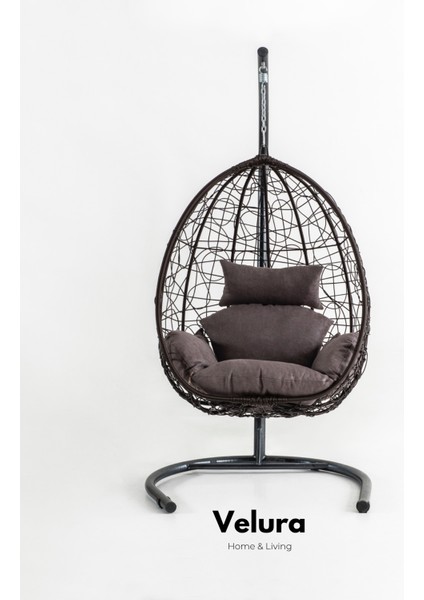 Deco Bahçe Salıncağı - Swing Kahve Rattan Gri Minder