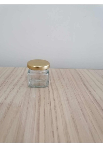40CC Köşeli Şeffaf Cam Kavanoz, Gold Kapak, 100 Adet, Mini, Bal, Süs Için
