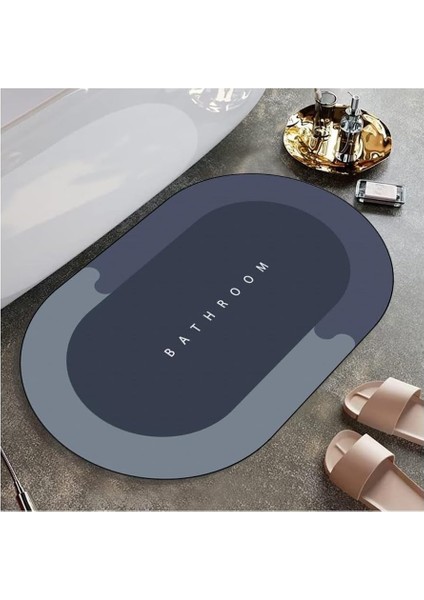 Banyo Paspası Süper Su Emici Kaymaz Tabanlı Paspas Banyo Paspası Oval Diatomit Paspas Süper Emici Paspas Oval (60X39CM) (Mavi)