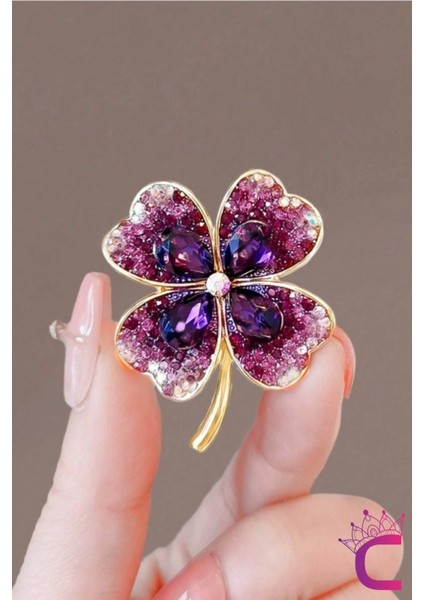 Zarif Çiçekli Kristal Taşlı Mor Yonca Tasarım Kadın Broş - Hediyelik Elbise Ceket Yaka Iğnesi Broşu