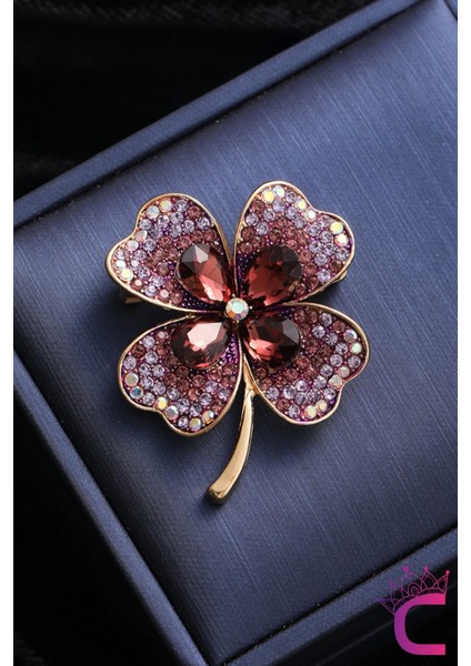 Zarif Çiçekli Kristal Taşlı Mor Yonca Tasarım Kadın Broş - Hediyelik Elbise Ceket Yaka Iğnesi Broşu fiyatları
