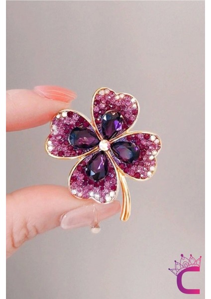Zarif Çiçekli Kristal Taşlı Mor Yonca Tasarım Kadın Broş - Hediyelik Elbise Ceket Yaka Iğnesi Broşu modelleri