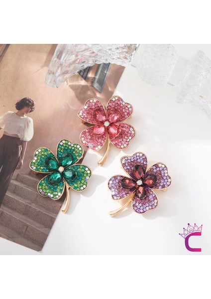 Zarif Çiçekli Kristal Taşlı Mor Yonca Tasarım Kadın Broş - Hediyelik Elbise Ceket Yaka Iğnesi Broşu indirimleri