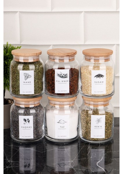6'lı 300 ml Cam Baharatlık Seti, Ahşap Vakum Kapaklı ve Etiketli Saklama Kabı