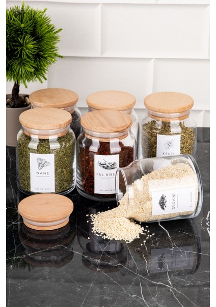6'lı 300 ml Cam Baharatlık Seti, Ahşap Vakum Kapaklı ve Etiketli Saklama Kabı modelleri