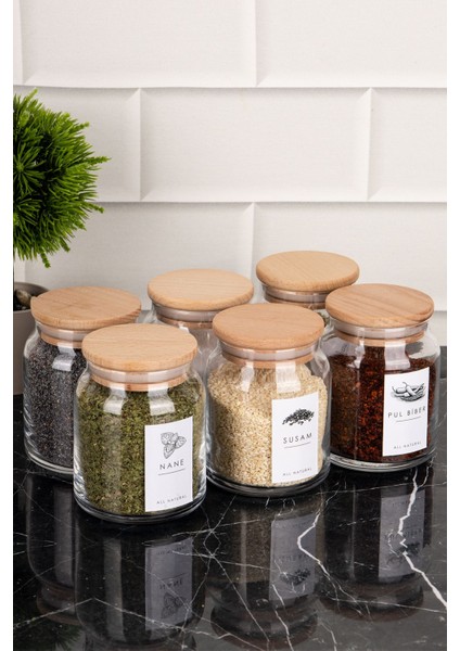 6'lı 300 ml Cam Baharatlık Seti, Ahşap Vakum Kapaklı ve Etiketli Saklama Kabı fırsatları