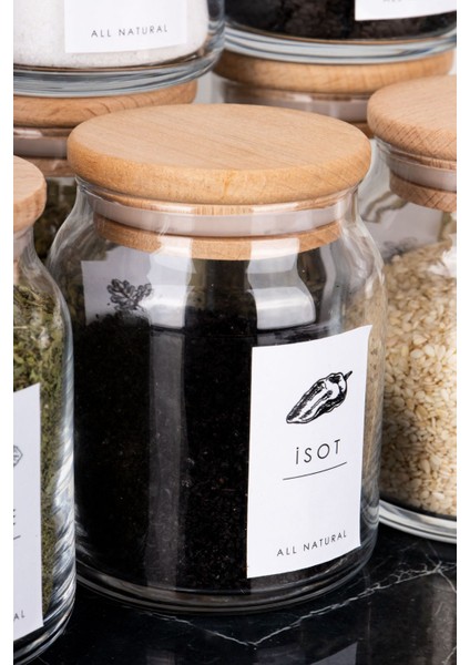 6'lı 300 ml Cam Baharatlık Seti, Ahşap Vakum Kapaklı ve Etiketli Saklama Kabı indirimleri