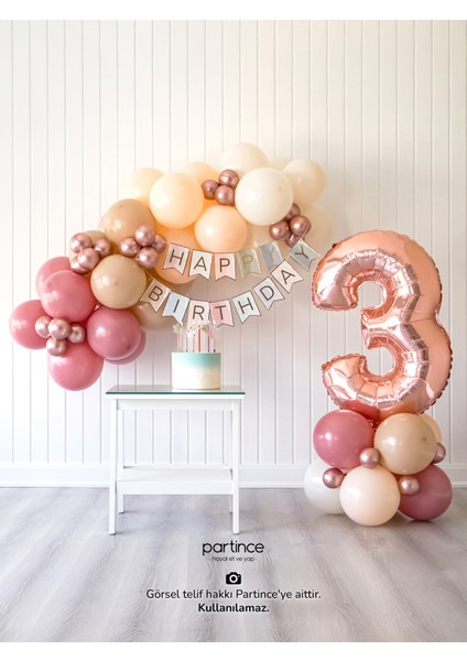 3 Yaş Balonu Doğum Günü Balon Zinciri Rose Gold Parti Seti
