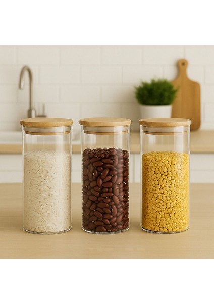 3'lü Cam Bakliyatlık Seti, Bambu Vakum Kapak, 900ML, 18 Cm, Şık ve Kullanışlı