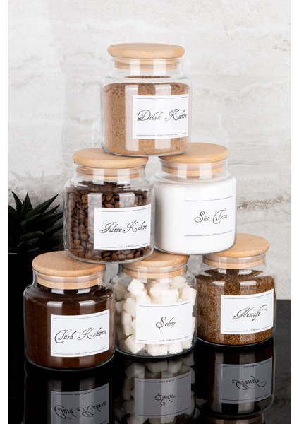 6'lı 500ML Ahşap Kapaklı Cam Kavanoz Seti, Etiketli ve Bej Renkli Çay Kahve Saklama