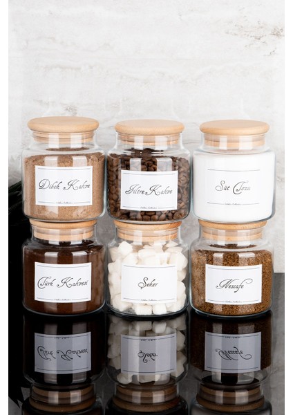 6'lı 500ML Ahşap Kapaklı Cam Kavanoz Seti, Etiketli ve Bej Renkli Çay Kahve Saklama modelleri
