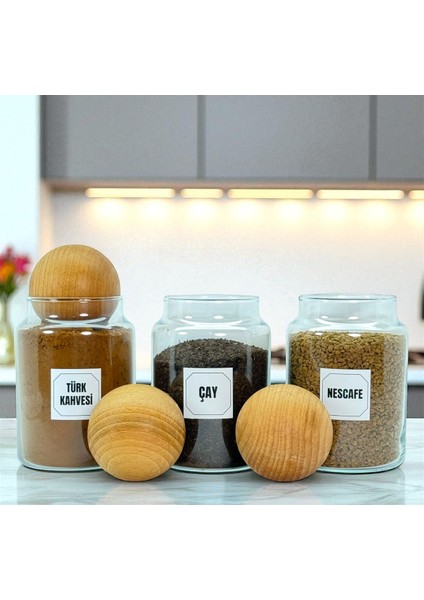 3'lü Ahşap Top Kapaklı Cam Saklama Kavanozu Seti 800 Ml, Etiketli, Renkli fiyatları