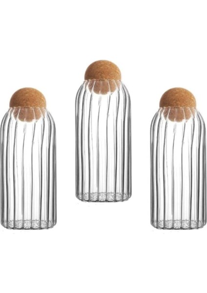 3'lü Çizgili Cam Kavanoz ve Baharatlık Seti, 1000 Ml, Top Mantar Kapaklı, Turuncu