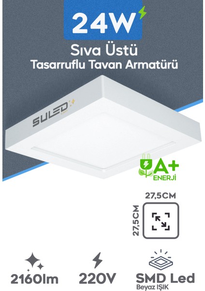 Sıva Üstü Kare LED Armatür 24 Watt Smd 6500K Beyaz LED Tavan Aydınlatması Ev Ofis Işyeri Atölye