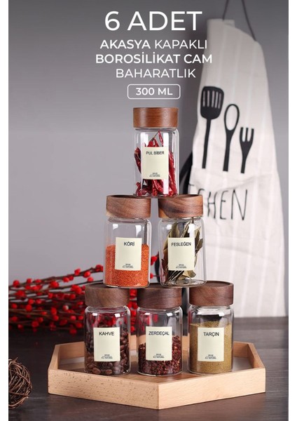 6'lı Cam Baharatlık Takımı, 56 Etiket, 300ML, Şık ve Kullanışlı Set