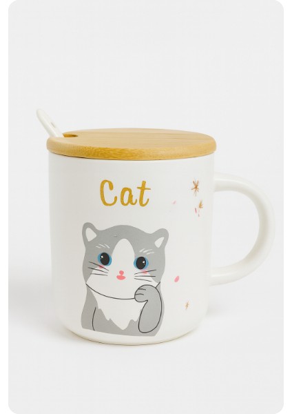 Cat Figürlü Seramik Kupa- Patili kaşık-Bambu kapaklı kedili kupa bardak fiyatları
