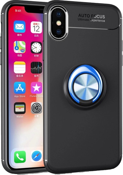iPhone Xs Kılıf Range Yüzüklü Silikon - Siyah-Mavi