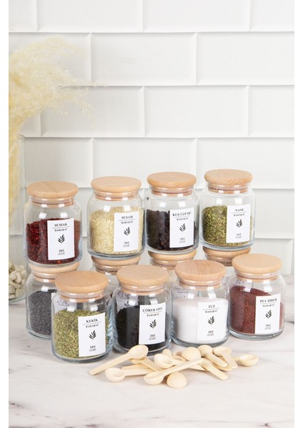 12'li Ahşap Kapaklı Cam Baharatlık Seti, 300ML, Baharat ve Kaşıklı Şık Düzen